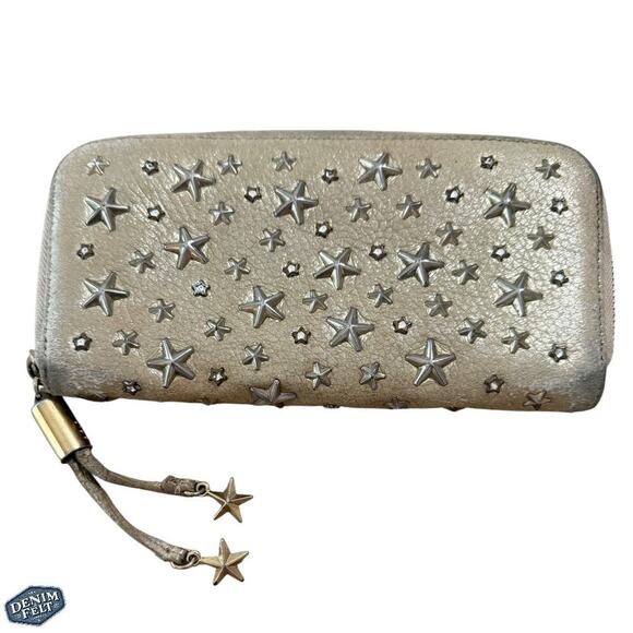 Jimmy Choo Metallic Star-Studded Zip-Around Long Wallet Leather, Made in Italy - Picture 1 of 13